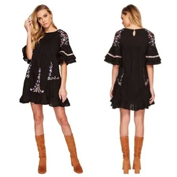 FREE PEOPLE Pavlo Babydoll Dress Black Mini Embroidered Boho Women's Size Small - Picture 7 of 7